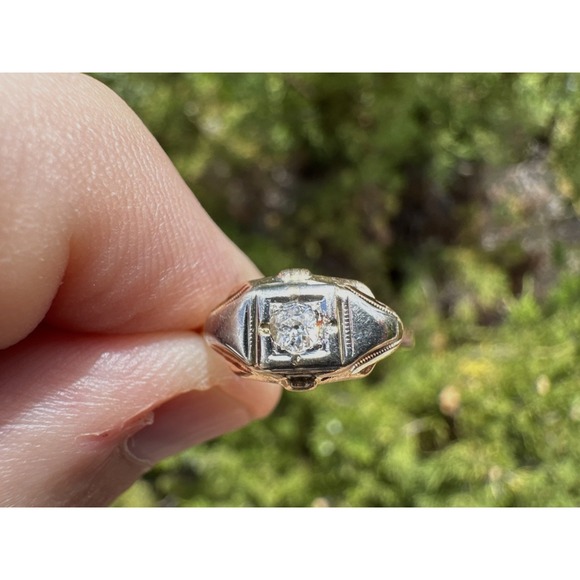 Antique 14k Solid Yellow White Gold Engraved Natural Old Mine Cut Diamond Ring - Picture 10 of 12